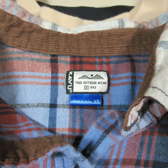Kavu womens blue rust white plaid corduroy flip an elbow patch flannel shirt XS - Picture 4 of 9